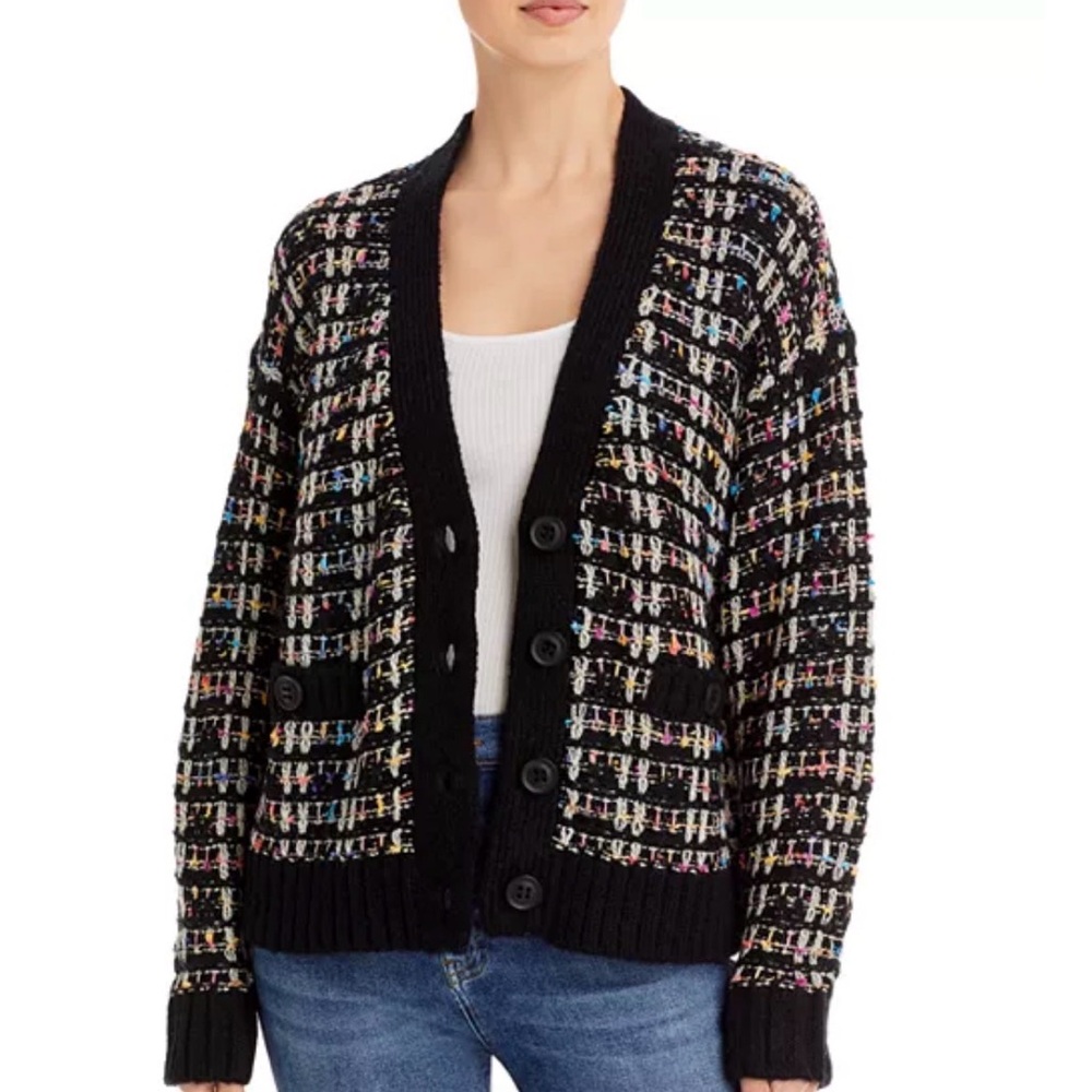Aqua Chanel Style Black Multicolor Tweed Knit Cardigan size Small - Picture 3 of 9